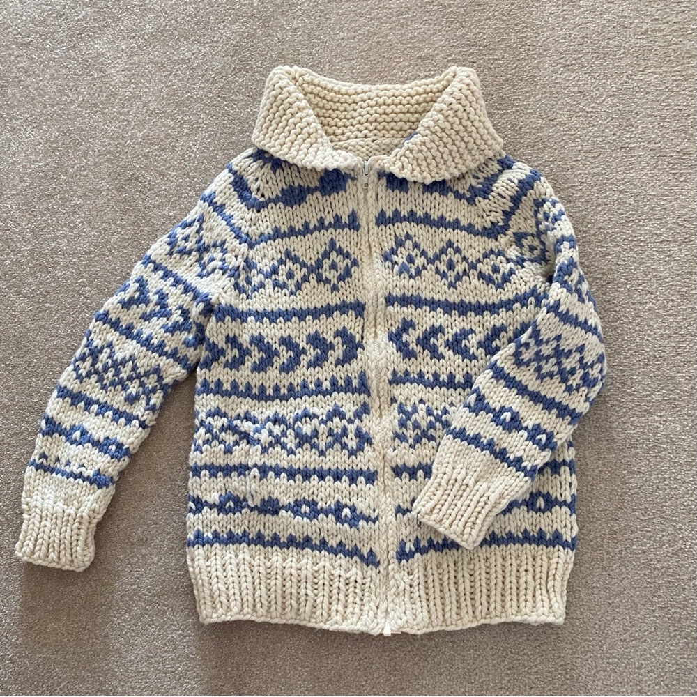 Handknit Cowichan style child’s jacke with pockets Sz 12